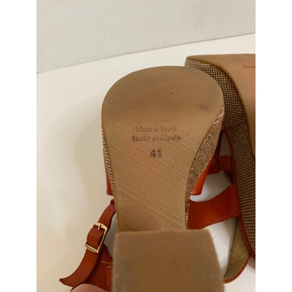 Spanish Leather Stacked Heel Women US 10.5 Sunburst Orange Sandals w/Ankle Strap - Picture 12 of 13